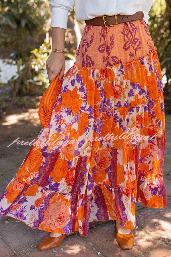 Resort Style Floral Print Elastic Waist Loose Stitching Maxi Skirt