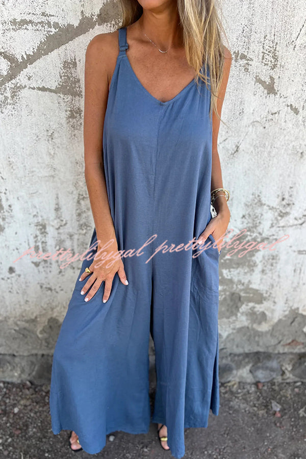 Linen Blend Solid Color Suspenders Loose Pockets Casual Wide-leg Jumpsuit