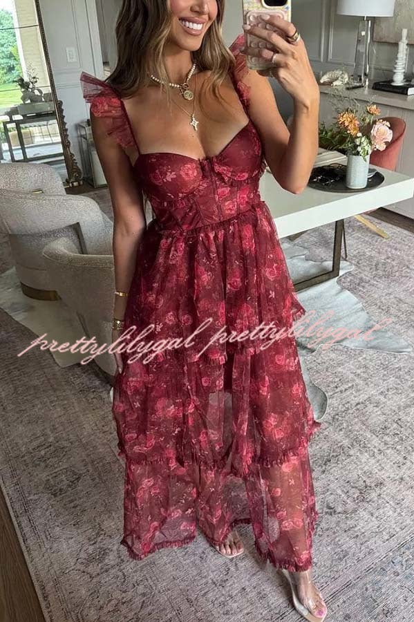 Romantic and Elegant Mesh Floral Back Smocked Tiered Ruffle Maxi Dress
