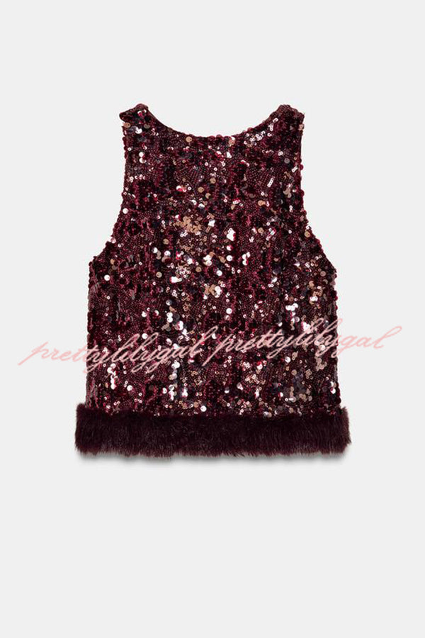 Gala Goddess Sequin Faux Fur Trim Crew Neck Sleeveless Loose Top