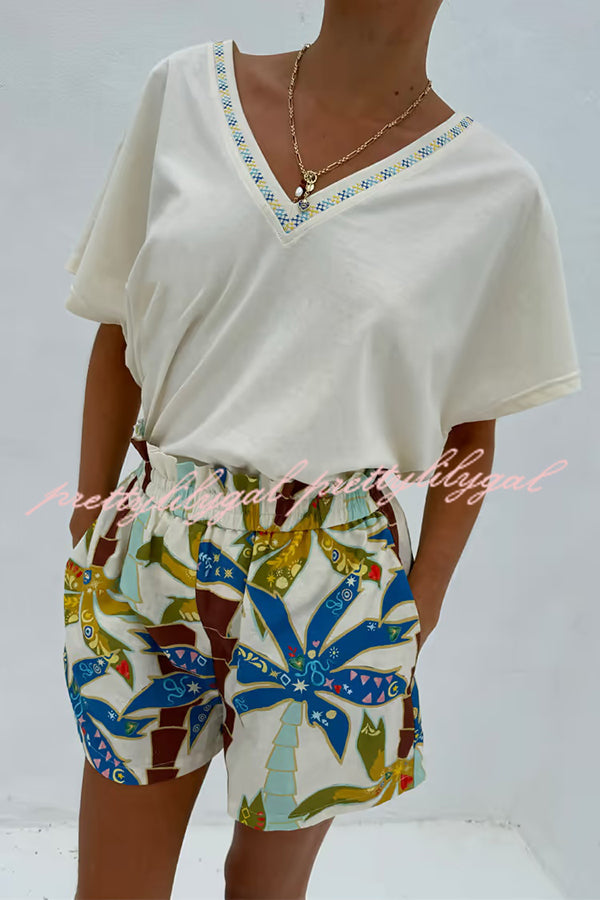 Linen Blend Resort Coconut Palm Print Long Sleeve Lapel Shirt and Elastic Waist Casual Pocket Shorts Set
