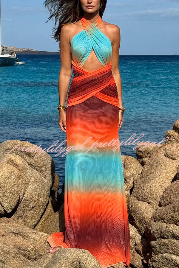 Neon Sunset Mesh Printed Cross Halter Neck Backless Vacation Maxi Dress