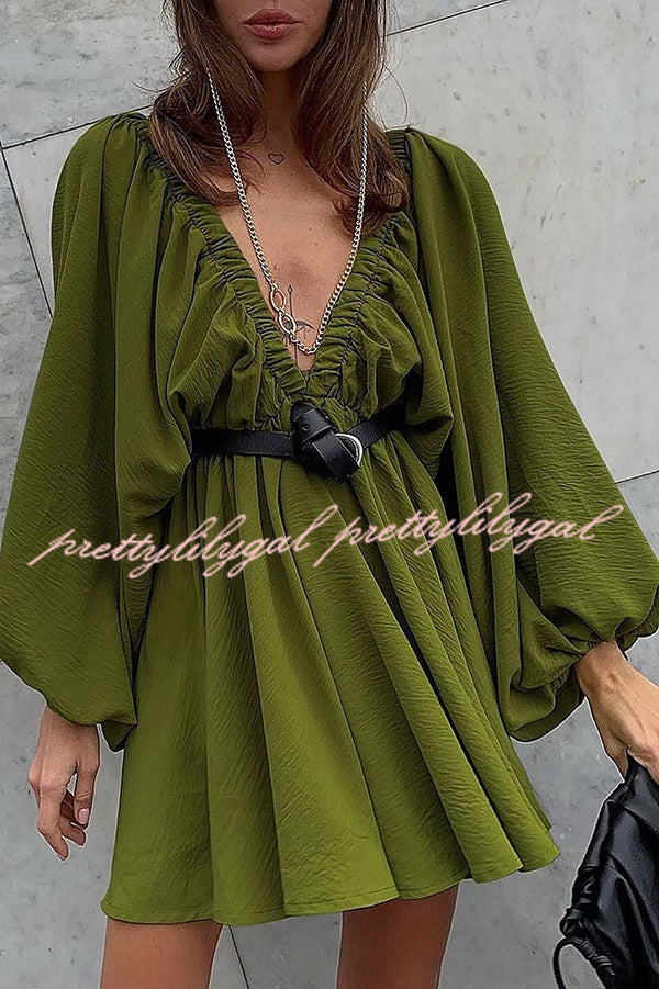 V Neck Puff Sleeve Solid Color Resort Style Mini Dress