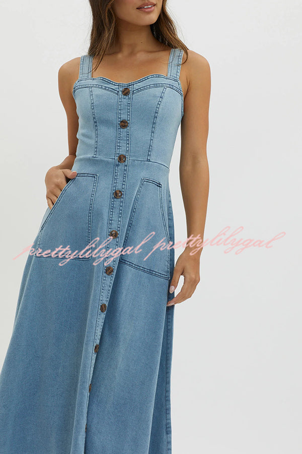 Solid Color Suspender Pocket Button Slim Denim Midi Dress