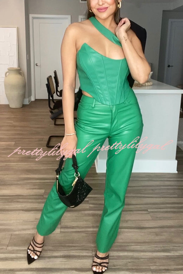 Dashing Lady Faux Leather One Shoulder Vest and High Rise Pocketed Stretch Pants Set