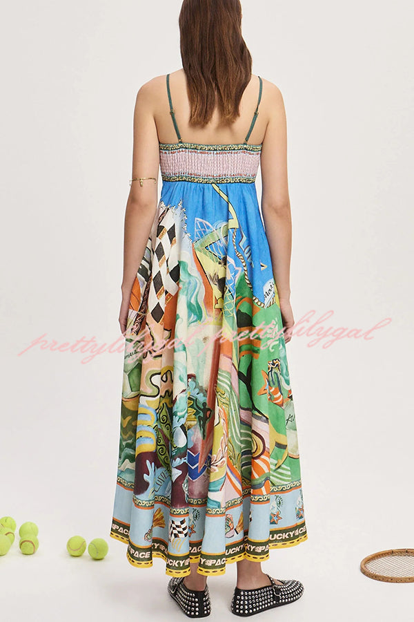 Linen Blend Unique Print Suspenders Back Pleated Pocket Resort Style Maxi Dress