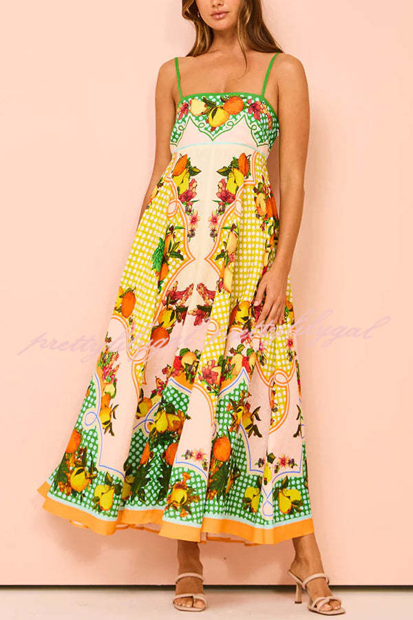 Enjoy Summer Lemon Linen Blend Unique Print Smocked Back Pocket Maxi Dress