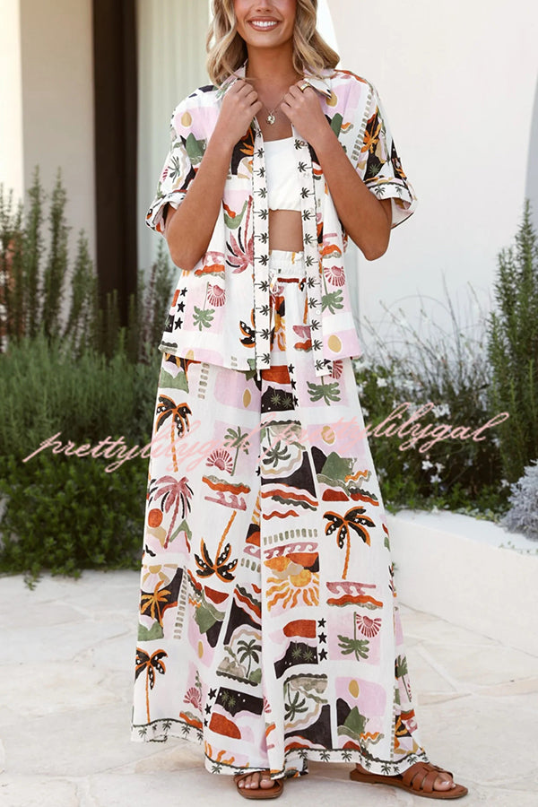 Holiday Style Holiday Print Casual Short-sleeved Shirt and Elastic Waist Loose Pocket Wide-leg Pants Set