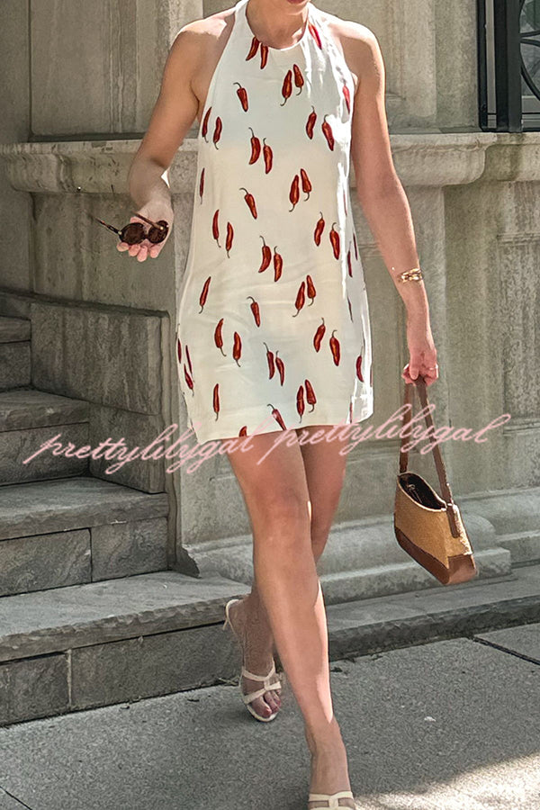 Spicy Summer Chili Pepper Unique Print Soft Fabric Halter Loose Mini Dress