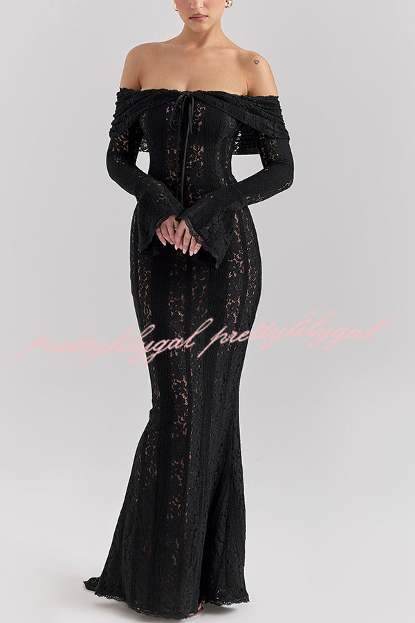 Outline The Curve Floral Lace Off Shoulder Bell Sleeve Stretch Maxi Dress