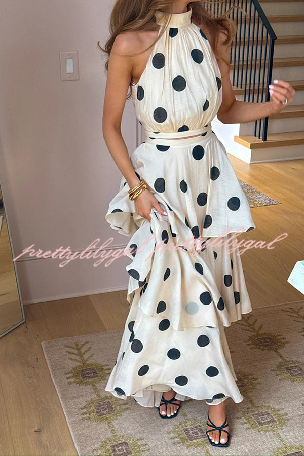 Gift To You Polka Dot Print High Neck Sleeveless Top and Layered Hem Maxi Skirt Set