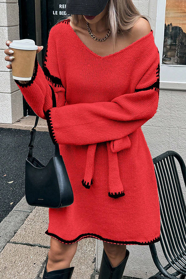 Stylish Loose-fitting Long-sleeved Tie-waist Knit Mini Dress