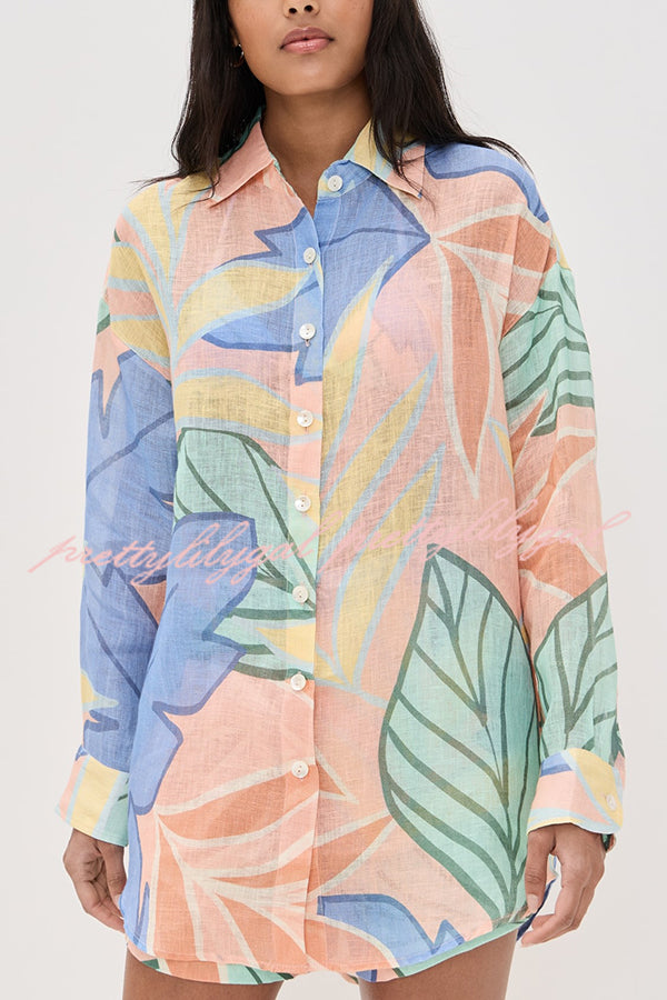 Bella Linen Blend Colorful Unique Print Long Sleeve Blouse and Elastic Waist Pocket Loose Shorts Set