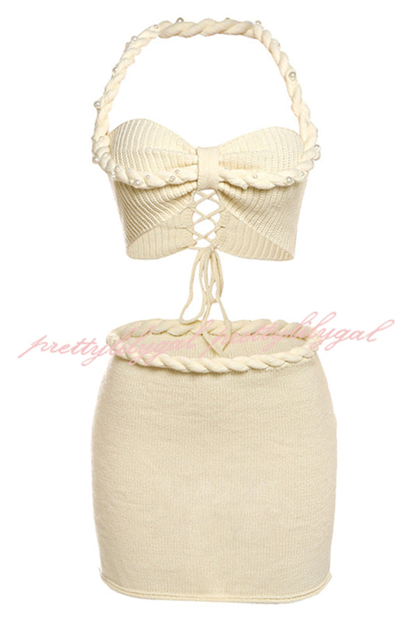 Sexy Halterneck Pearl-embellished Lace-up Tank and Fitted Knit Mini Skirt Set