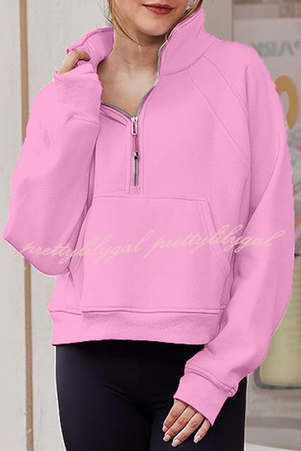 Stylish Patchwork Stand Collar Zippered Loose Pocket Sweatshirt