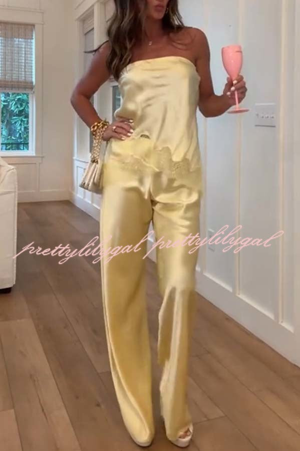 Odessa Satin Floral Lace Hem Strapless Tank and Mid Rise Wide Leg Pants Set