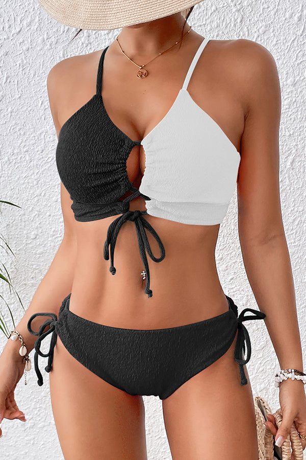 Fashion Contrast Color Sexy Cross Strap Stretch Two Piece Bikini Swimsuit