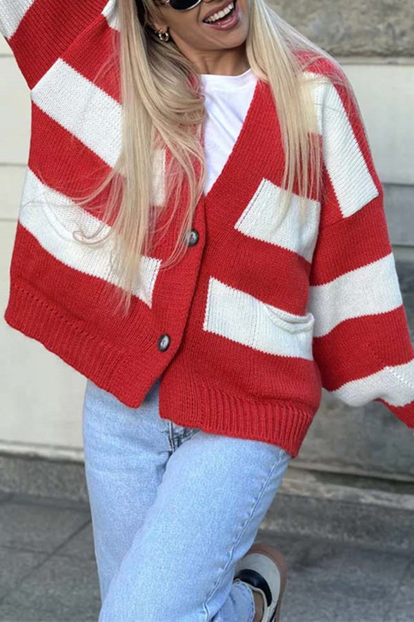 Casual V-neck Long-sleeved Striped Pocket Knitted Cardigan