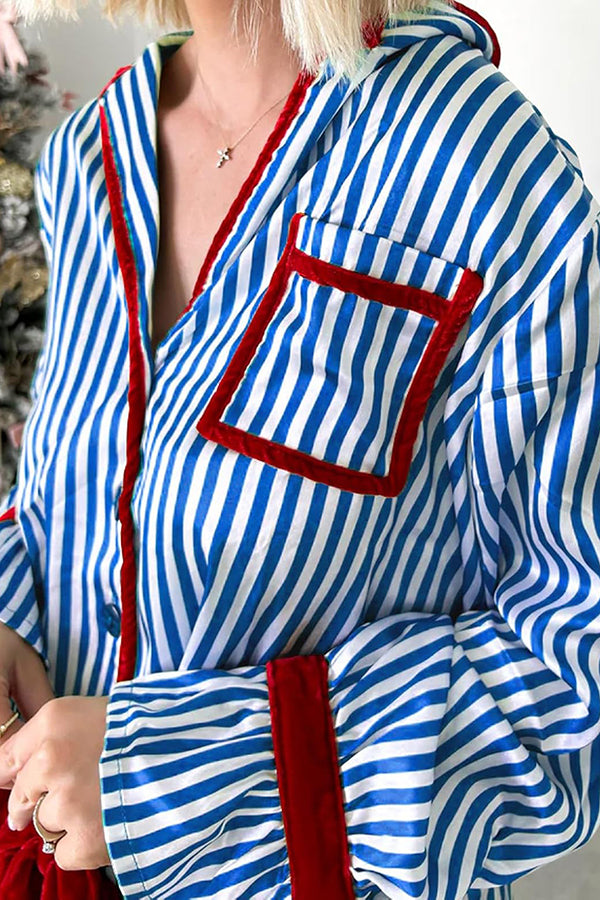 Striped Printed Color-blocked Trim Long-sleeved Loose Top and Elastic Waist Belt Wide-leg Pants Set