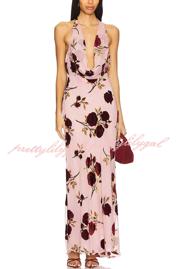 Rose Secret Printed Cowl Neck Halter Backless Maxi Dress