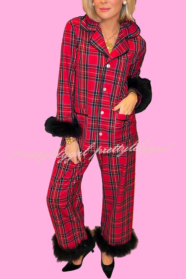 Holiday Time Plaid Contrast Feather Sleeve Pocket Shirt and Elastic Waist Pajama Set