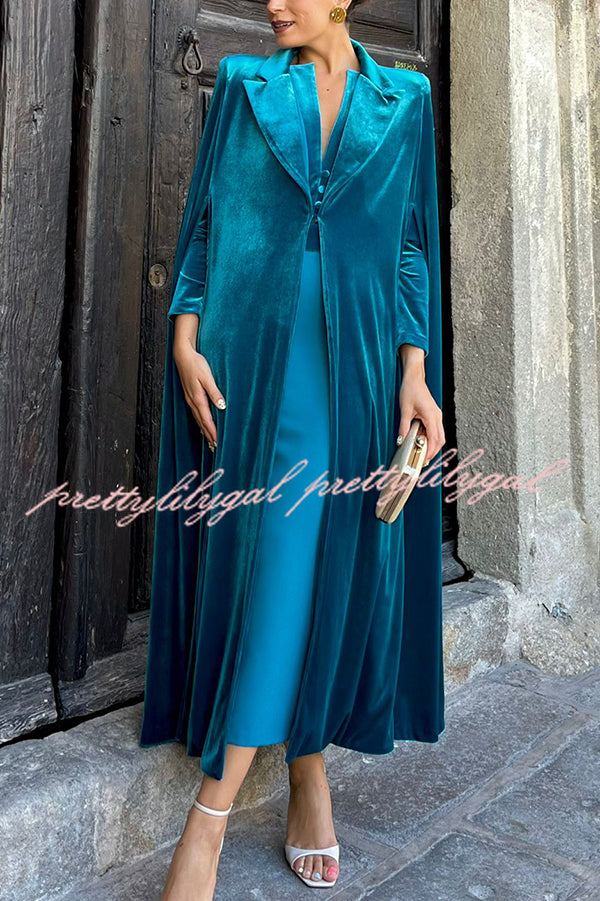 Olivienne Luxurious Velvet Padded Shoulders Slit Sleeve Lapel Midi Cape