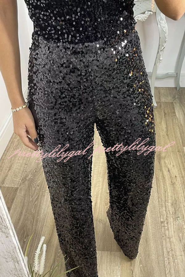 Glitzy Glamour Sequin High Rise Elastic Waist Wide Leg Pants