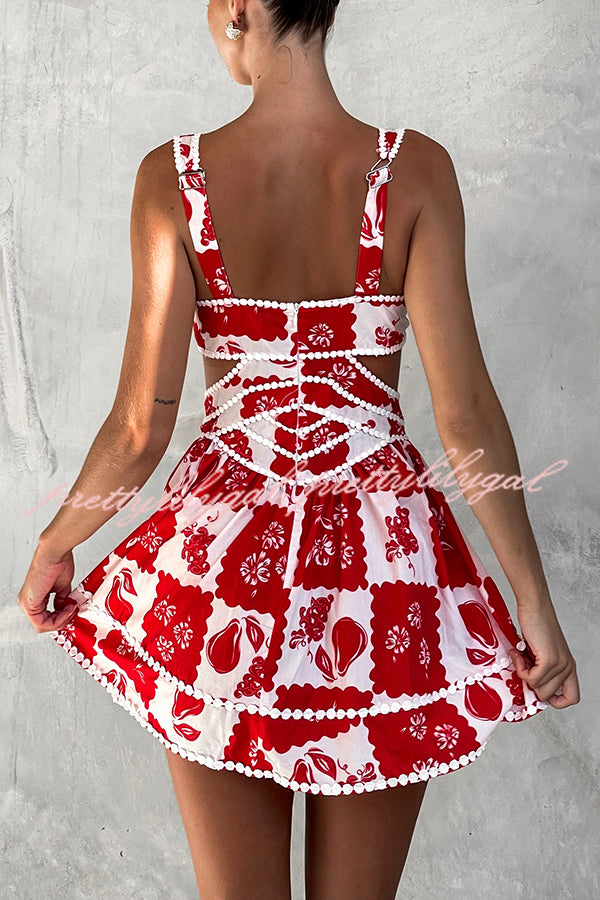 Holiday Colors Ric Rac Trims Unique Print Cutout Round Neck Mini Dress