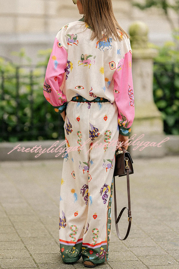 Mystery World Linen Blend Unique Print Loose Blouse and Elastic Waist Pocketed Pants Set