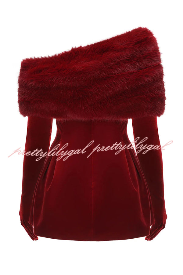 Stylish Velvet Off-shoulder Fitted Mini Dress and Fluffy Shawl, Velvet Gloves Three-piece Set