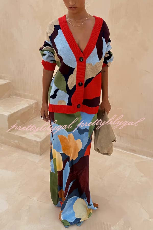 Bright and Bold Knit Abstract Color Blocks Button Long Sleeve Loose Cardigan