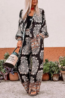 Unique Ethnic Print Loose Long-sleeved Shirt and Elastic Waist Pocket Straight Pants Set