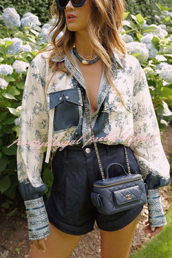 Bohemian Elegant Satin Contrast Color Unique Print Button Up Pocket Loose Blouse