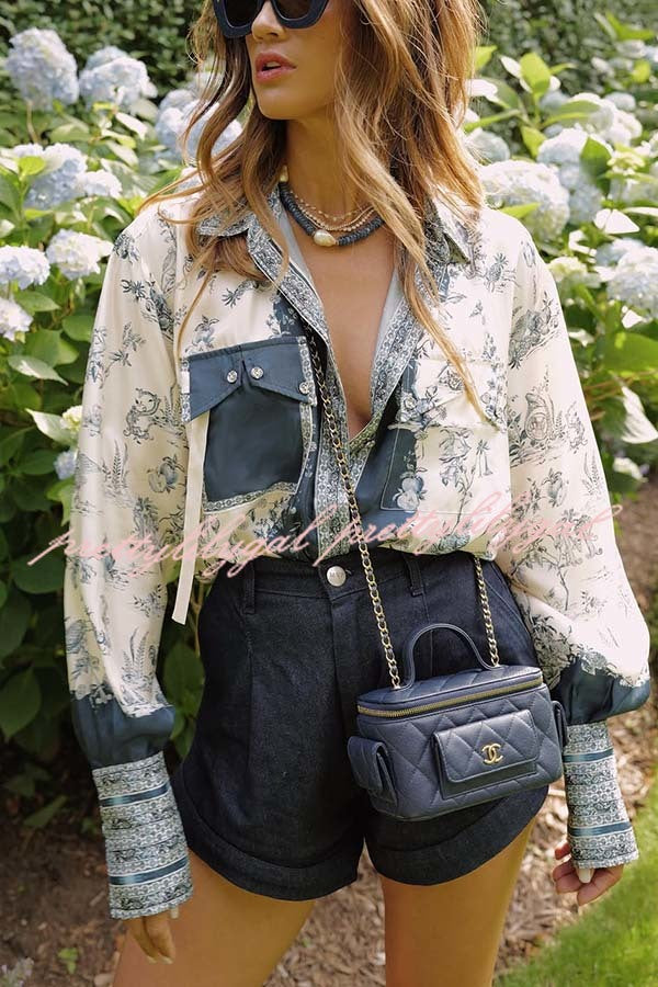 Bohemian Elegant Satin Contrast Color Unique Print Button Up Pocket Loose Blouse