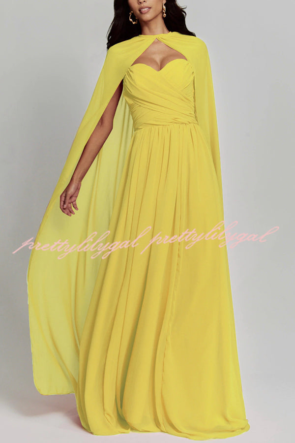 Romantic Party Chiffon Off Shoulder Sweetheart Neck Ruched Cape Maxi Dress