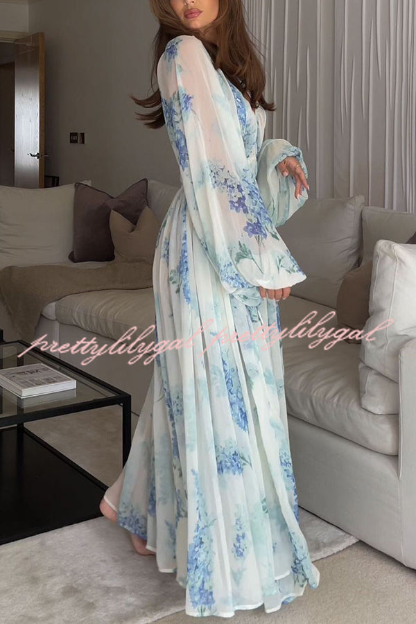 Headed To The Ocean Chiffon Floral Drawstring Waist Maxi Dresses