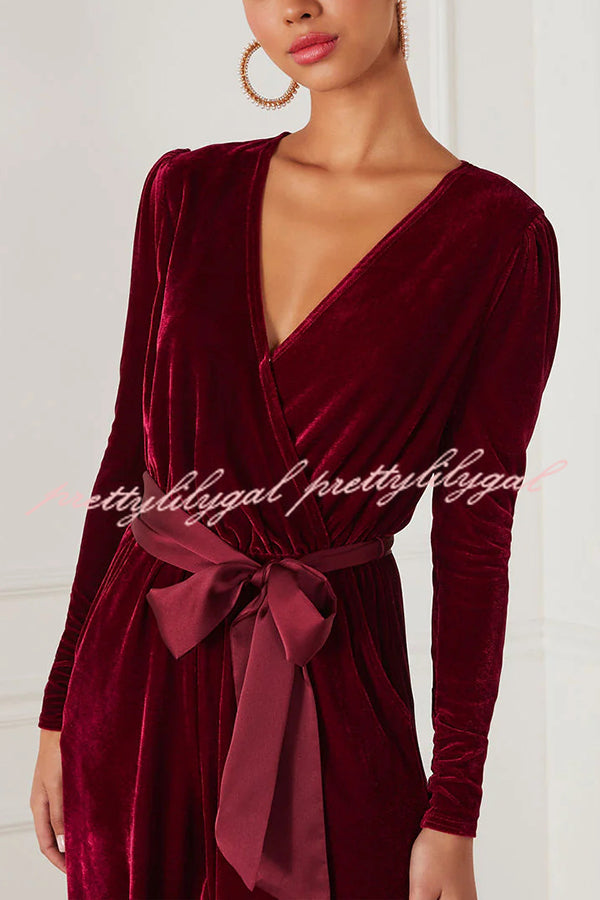 Love One Another Velvet Bow Belted Pocket Cutout Back Loose Jumpsuit