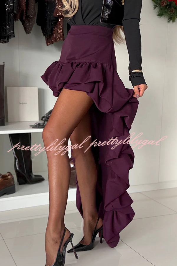 Toast To Midnight Solid Color High Rise Irregular Ruffled High Low Maxi Skirt