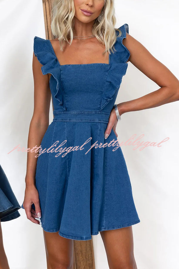 Sweet Secret Denim Square Neck Ruffle Sleeve Stretch Mini Dress