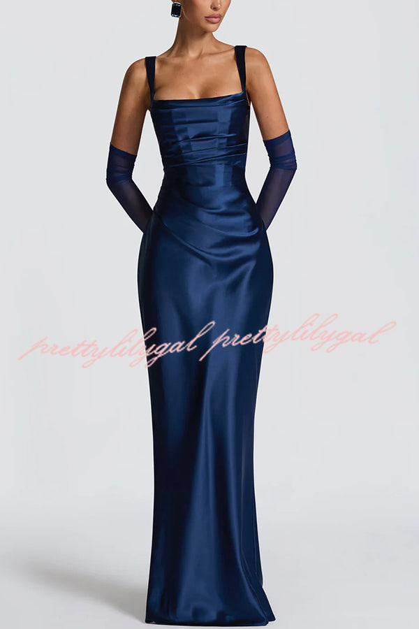 Calanthe Satin Square Neck Ruched Back Lace-up Drape Mesh Scarf Maxi Dress