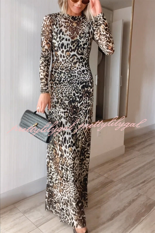 Wild As They Come Mesh Leopard Long Sleeve Stretch Maxi Dress