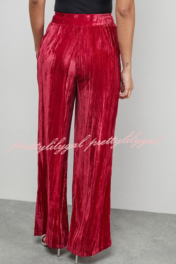 Solid Color Velvet Long-sleeved Waist Tie Top and Elastic Waist Casual Pocket Straight-leg Pants Set