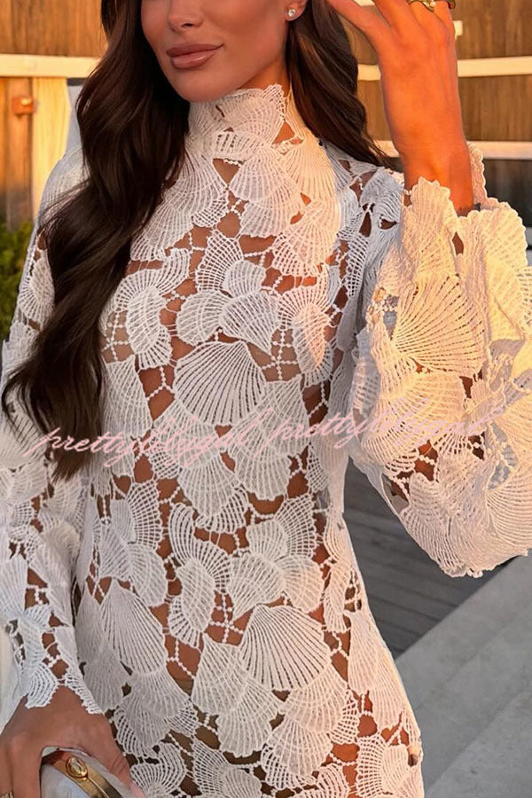Tropica View Crochet Lace Seashell High Neck Long Bell Sleeve Mini Dress