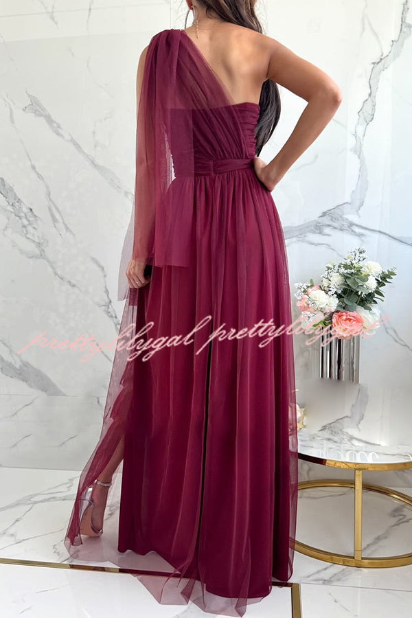 Feeling Galm Tulle Knotted One Shoulder Pleated Slit Maxi Dress