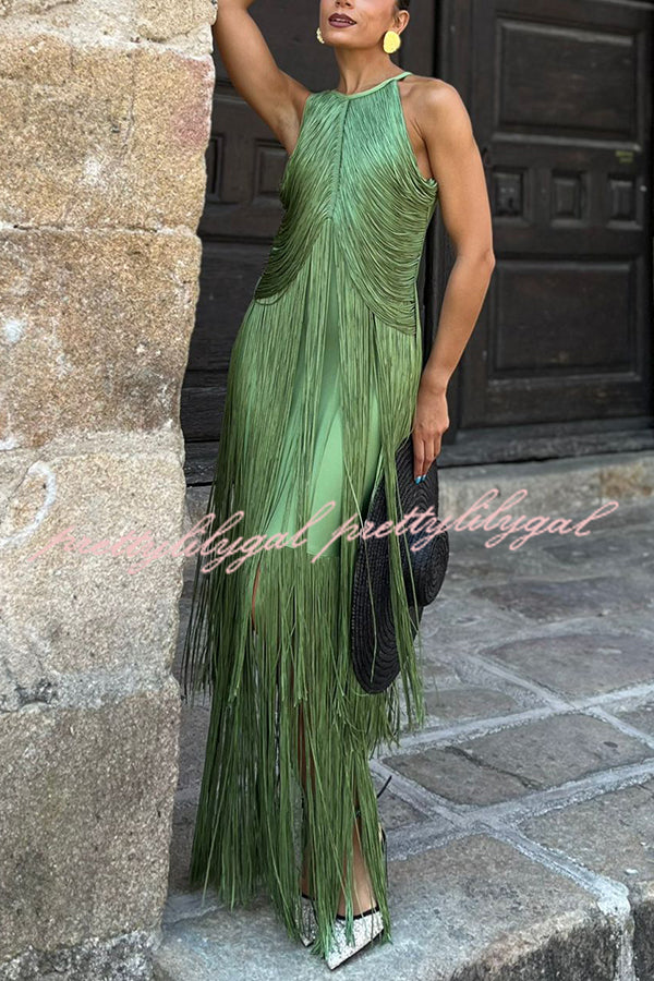 Fashion Sleeveless Halter Neck Elegant Tassel Slim Maxi Dress