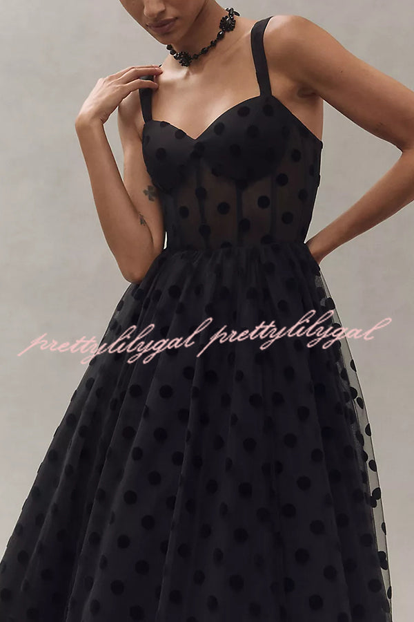 Perfect Guest Tulle Polka Dot Sweetheart Bustier A-Line Midi Dress prettylilygal Perfect Guest Tulle Polka Dot Sweetheart Bustier A-Line Midi Dress prettylilygal