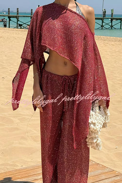 Vacation Knit Shiny Fabric Batwing Sleeve Cape Top and Cover-up Elastic Waist Loose Pants Set