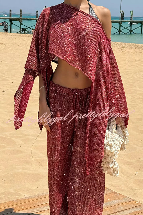 Vacation Knit Shiny Fabric Batwing Sleeve Cape Top and Cover-up Elastic Waist Loose Pants Set