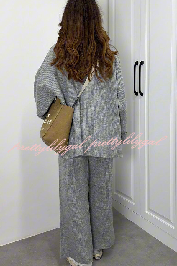 Solid Color Loose Long-sleeved Knit Top and Elastic Waist Casual Straight Leg Pants Set