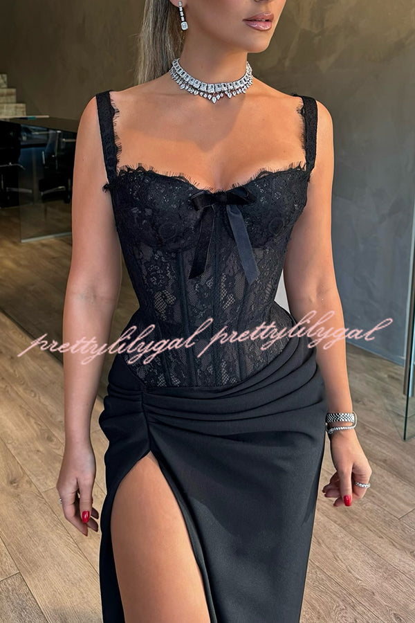 Sexy Grace Magic Lace Corset Bow Design Ruched Hip Slit Maxi Dress